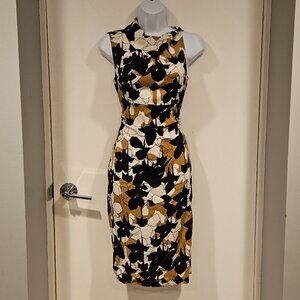 DVF Cami Dress, Black White Caramel Abstract Floral Pattern, Sleeveless, Size 4